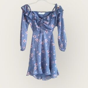 Floret Studio Floral Ruffle Mini Dress XS Blue Long Sleeve Cottagecore